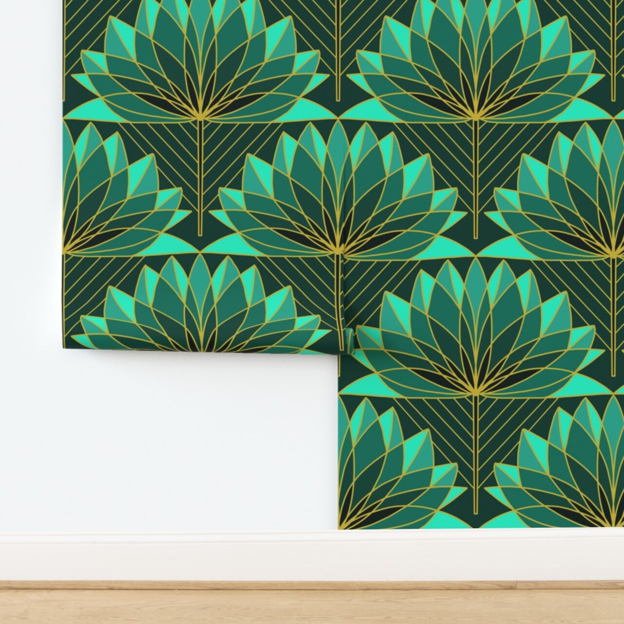 Lotus Floral Green Yellow Geometric Scallop Fan Turquoise Luxe Abstract Custom Removable Wallpaper by Spoonflower Peel & Stick Wallpaper 2FT Wide